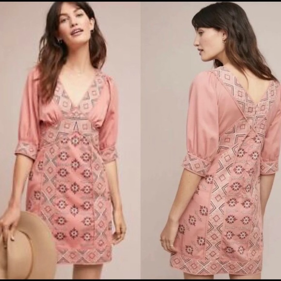 Anthropologie Love Sam Embroidered Monterey Dress - Natural Pink Rose - Picture 5 of 12